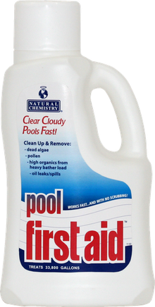 Pool First Aid by Natural Chemistry comes in a white, one gallon milk jug shape with handle and measuring cup for lid. A red font says this product clears cloudy pools fast. Below the red font, a dark, blue text on light blue background says Pool First Aid cleans and removes dead algae, pollens, organics from many swimmers, oils and leaks. “Pool First Aid” is written again in large, bold red lettering and a white font says this container of product treats 33,000 gallons.