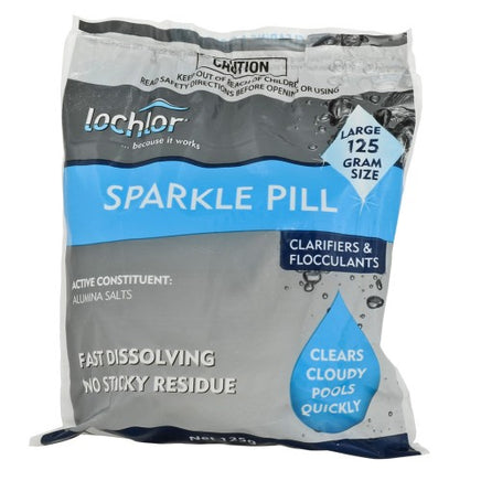 Sparkle Pill is packaged in a gray bag with a white stripe atop stating a bold “Caution” in black. Below the caution, a light blue band says “Sparkle Pill” in white with “clarifier” and “flocculant” below the light blue stripe on the right. Lettering after the above, says “alumina salts” are the active constituents adn this product is “fast dissolving” and has “no sticky residue”. At the bottom right of the package, a light blue drop shape in white captioning saying “clears cloudy pools quickly”.