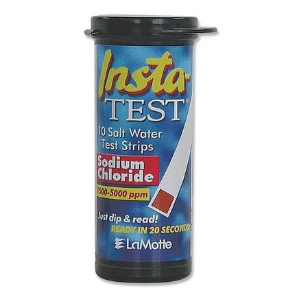 Insta Test Salt Test Strips is a black bottle with pop-up cap that has 10 test strips. These strips are used for salt water swimming pools. The black bottle is wrapped in a blue label that says “Insta” in a yellow font and “test” in a white font. “10 salt water test strips” is also written in white”. “Sodium Chloride” is written in white as well on a red square with a yellow square with and red font reading “1500-5000 parts per million”. These test strips are made by the company LaMotte.