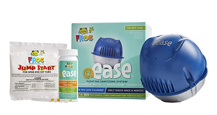 The bluish-green box for FROG @ease Floating Sanitizing System and is considered a “start up” kit for hot tubs. The box has three items: a half gray, half blue plastic that floats, a small, white bottle containing @ease test strips and a small white pouch that says “jump start” in red lettering. The remaining sides of the box are colored bluish green, have the “FROG @ ease” logo, usage instructions and description of FROG’s smartchlor technology.