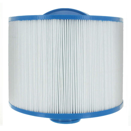 This bullfrog filter is a cylinder with a thin blue casing on the top and bottom of the filter. The top casing has a plastic, small, blue arch centered and protruding from the top. This protrusion helps gripping and twisting the filter. The center part of the cylinder is packed full of vertical, white, paper pleats to allow water filtration. The bottom casing of the filter is a thin, blue plastic like the top. In the center of the bottom casing is a short, threaded cylinder for attaching the filter.