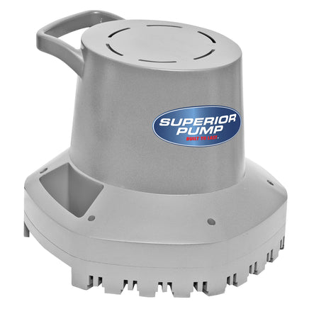 Superior cover pump has a gray, plastic octagonal base that extends upward and turns cylindrical with a D-shaped handle extending horizontally from the top . This is a float operated pump that removes water from pool covers.