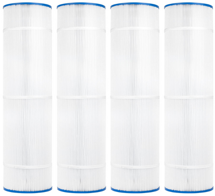 This CV340 filter is cylinder-shaped with a thin blue, plastic casing on the top and bottom of the filter. The top casing is made of a thin, blue plastic with a hole centered on the top. The majority of the center part of the cylinder is packed full of vertical, white, paper pleats which are banded together with a few thin, paper belts. The bottom casing of the filter is a thin, blue plastic like the top with a hole in the center of the casing. This item is only sold in packs of four.