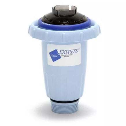 Nature 2 Express replacement cartridge is a light blue cylinder with a 1.5" male threaded bottom and a smoke colored clear cap. This unit is to be installed in existing Nature 2 Express devices. This is a mineral sanitizing supplement that utilizes copper and silver to help reduce chlorine useage.