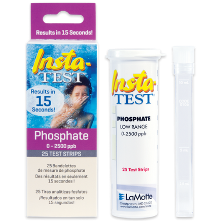 insta-Test Phosphate test strips are sold in a rectangular cardboard box. Label on box shows a child under water. Writing states Phosphate 0-2500 parts per billion test strips. 25 test strips. Bottle is a white cylindrical plastic bottle with a pop-top. Also contained in the box is a clear test tube with lid.