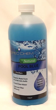 Pool Blue by Spec Chem comes in a 1 quart bottle. The label’s background fades from dark blue bubbles at the top to white at the bottom. Black lettering on the deep blue stripe mid-bottle reads “Pool Blue”. Below this, white lettering reads “clarifiers”. The product is made from crab shells, crystal clear water and improves filter efficiency. The label’s right side, below the stripe, has a blue droplet reading “clarifies cloudy water quickly”. Warnings are printed on the label’s reverse side.