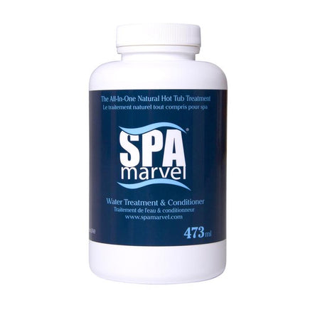 Spa Marvel Water Treatment & Conditioner is a white, cylinder bottle with a blue label. “The All-in-One Natual Hot Tub Treatment” centers atop the label in light blue lettering. Smaller French writing reiterates the product’s name. “Spa” is in white caps with “marvel” centered beneath in smaller white lettering. A single, blue wavy line atop and below this wording frames the “Spa Marvel” logo. The remaining wording says “Water Treatment and Conditioner” and Spa Marvel’s web address.