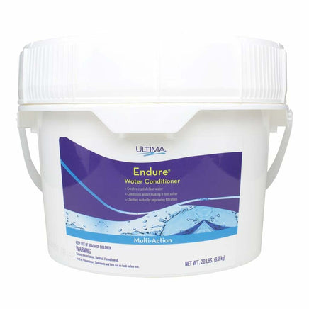 Ultima Endure Water Conditioner is sold in a 20 pound white bucket with a screw on lid. A wavy purple label with water bubbles at the bottom states Endure Water Conditioner Creates Crystal Clear water. Conditions water making it feel softer. Clarifies water by improving filtration. A light blue band at the bottom says Multi-Action in white letters.