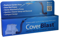 Coverblast is contained in a blue box with white writing. CoverBlast hose replacement nozzle replaces garden hose on pool cover pumps. Does not freeze, stores attached to pump, Quicker, compact design.