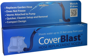 Coverblast is contained in a blue box with white writing. CoverBlast hose replacement nozzle replaces garden hose on pool cover pumps. Does not freeze, stores attached to pump, Quicker, compact design.