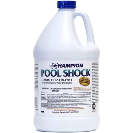 Liquid pool shock is in a white one gallon jug with a blue screw on cap. A white label with black writing says Champion Pool Shock Liquid chlorination. Ingredients, instructions and warnings are on back of label.