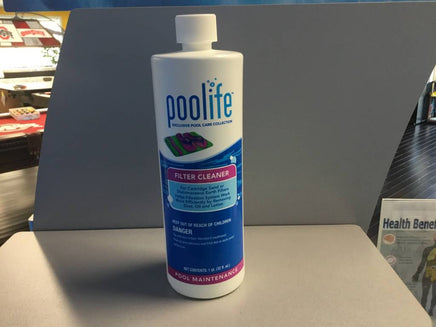 Poolife filter cleaner is packaged in a white quart bottle. The label fades from white to dark blue. Filter cleaner for cartridge, sand, or diatomaceous earth filters. Helps filtration system work more efficiently by removing dust, oil, and lotions. Warnings and dosages are on rear label.
