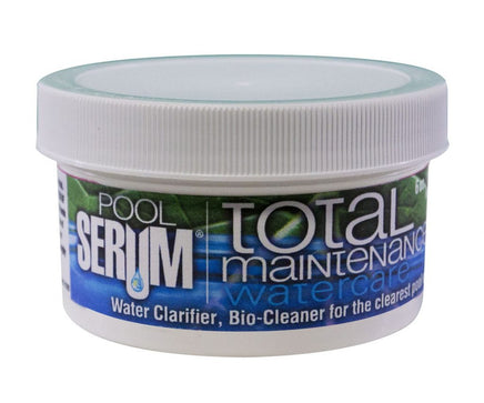SERUM Pool Total Maintenance is a round, white container and contains six ounces of product. The label’s background has green leaf veins on top; the bottom half is solid purple. The left side of the front label says “Pool Serum” in bold, white font with “Total Maintenance” on the right. “Water care” is in light blue beneath “Total Maintenance”. Below this, white lettering reads “water clarifier, bio cleaner for the clearest pool”.