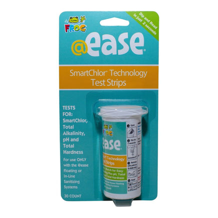 Smartchlor Technology test strips are made by @ease, packaged in a white bottle and contain thirty test strips. The backing board is aqua with the test strip bottle packaged in clear plastic. The FROG logo in the upper left corner, “dip and read in two seconds” in the upper right corner and their “@ease” logo is centered on the backer board. An orange stripe below the above wording says “Smartchlor Teststrips Technology” in white. These strips test Smartchlor, total alkalinity, pH and total hardness.