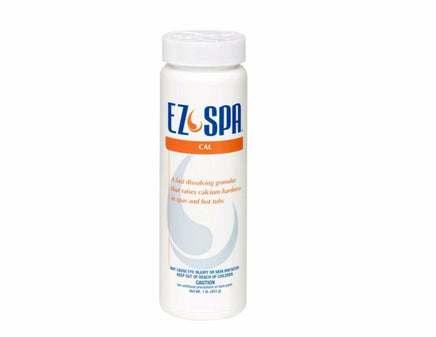 “EZ Spa Cal” is a white, cylinder bottle with a twist off lid. The top part of the bottle says in blue, capital letters “EZ Spa”. The brand logo--an orange, swirling tear drop shape--is between the words “EZ” and “Spa”. A bold, orange stripe centers below “EZ Spa” and says “Cal” in white, capitalized letters. Below the orange stripe, an orange font reads, “A fast dissolving granular that raises calcium hardness in spas and hot tubs”. The rest of the bottle has in a large, bold, blue text a warning.