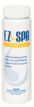 “EZ Spa Total Care” is a white, cylinder bottle. “EZ Spa” is in blue capitalized letters. The brand logo is a yellow swirl, tear drop between “EZ” and “Spa”. A yellow stripe centers below “EZ Spa” and says “Up” in white lettering. Below the yellow stripe, blue lettering states this product is “a fast dissolving granular that raises total alkalinity and pH levels in spas and hot tubs. The remaining blue text gives a caution for children.
