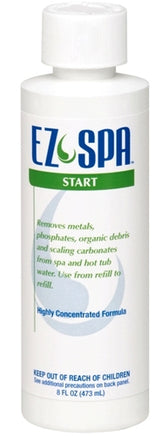 White 8 oz. bottle with screw on cap. EZ-Spa Start. Spa metal and phosphate remover. Back of bottle contains instructions and warnings.