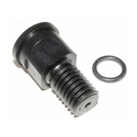 R0557100 is a replacement pressure gauge adapter that fits Jandy CV series filters. This black, plastic fitting it threaded to screw into the filter top and has a new o-ring to place on top when fastening in the existing pressure gauge.  It comes packaged in a light blue cardboard backed blister pack with a clear plastic enclosure.