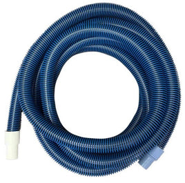 This blue, ribbed 50' vacuum hose is shown coiled up. One end has a 1.5" swivel cuff for use at the vacuum head and the other has a rigid white cuff for attachment to the skimmer.