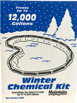 White cardboard box with a picture of a pool and pine trees with snow falling against a blue background. Label states Winter chemical kit. Everything you need to treat up to 12,000 gallons. Maintain Pool Pro. This is a winter chemical kit for chlorine swimming pools. 