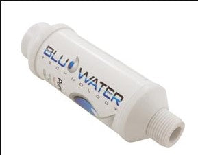 Bluewater hose pre-filter is a white cylindrical filter about 9" long. One end has a female threaded connection for a garden hose. The opposite end is male threaded. Water passes through the charcoal filter and comes out the other end.