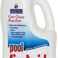 Pool First Aid by Natural Chemistry comes in a white, one gallon milk jug shape with handle and measuring cup for lid.  A red font says this product clears cloudy pools fast. Below the red font, a dark, blue text on light blue background says Pool First Aid cleans and removes dead algae, pollens, organics from many swimmers, oils and leaks.  “Pool First Aid” is written again in large, bold red lettering and a white font says this container of product treats 33,000 gallons.
