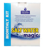Salt Water Magic by Natural Chemistry maintains pool water for one month.  A light, blue stripe on the left side of the box has “Monthly Kit” vertically written in white lettering.  The brand’s logo is blue and centered at the box’s top.  Below the logo, it states this product reduces causes of common maintenance for salt chlorine generators and treats 20,000 gallons of water providing crystal, clear sparkling water.  A blue water wave is behind the wording Salt Water Magic with blue and yellow lettering.