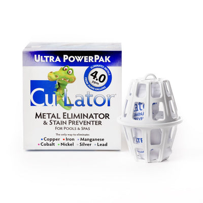 CU Latr is a white square box.  The box front has a purple and black stripe with a white font saying “Ultra Power Pack”.  “CU Latr” is in a blue and white script with a green alligator peeking from behind script.  A black font says this product is a metal eliminator for pools and spas specifically helping with copper, iron, maganese, cobalt, silver, nickel and lead.  Inside the box is a cylinder, waffle-like shape.    Product contents are in a small bag and to be inserted in the cylinder shape.