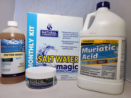 Monthly salt water chemical kit contains one quart bottle of Spec Chem Enzyme Weekly. This product eliminates oils and comes in a semi transparent bottle with a white screw on cap. One small cylindrical 6oz. tub of Pool Serum. One box of Salt Water Magic , and one gallon jug of muriatic acid with a blue screw on cap. 