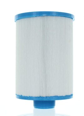 The Freeflow 50 square foot filter is a white cylindrical filter with a blue top and base. From the base protrudes 1.5" threads to fasten the filter into a Freeflow hot tub. 