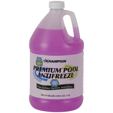 Champion pool antifreeze is packaged in a clear one gallon jug with a white screw on cap. Antifreeze is pink in color to make it easier to see in the water. A white label surrounds the jug and says " Premium Pool Antifreeze" Pool and filter system antifreeze burst protection to -50 degrees. 