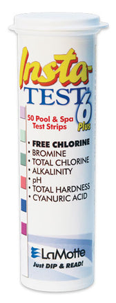 Insta-Test 6 Plus strips are contained in a white cylindrical plastic bottle with a pop top. the bottle contains 50 strips to test pool or spa water. Each strip tests for free chlorine or bromine, Total chlorine, Total alkalinity, pH, Total hardness, and cyanuric acid. 