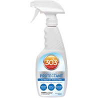 10 fl. oz white spray bottle with white and silver label.  The blue wording on the bottle says "303 Protectant - Ultimate UV Protection".  This product helps prevent discoloration, repel mild stains in water and helps restore original color.
