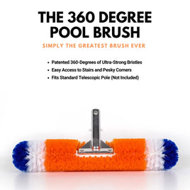 360 degree pool bush is a nylon brush to be mounted on the end of a pool vacuum pole. Orange, white, and blue bristles extend from the brush in every direction earning it the name 360 degree brush. 