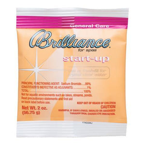 This product is square about the size of a hand.  Its contents are powder.  The package has a pink stripe across the top of the square that says “General Care”.   The front of the  label says "Brilliance for spas" in a light blue, italic font with "start up" in a small, bold white font. The ingredients and warning are both in a reddish-orange font.
