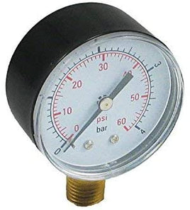 Side mount pressure gauge with a clear lens. A white background inside the gauge reads pressures from 0-60 psi in black letters. 1/4" NPT