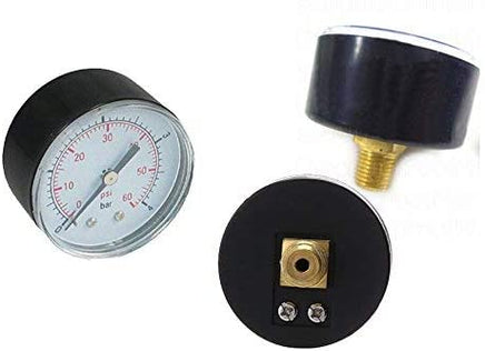 Back mount pressure gauge. Clear lens shows a needle indicator and a dial to measure pressure from 0-60 psi. 1/4" NPT brass fitting extend from behind the gauge. 