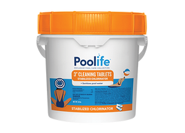 Pool Life 3" Cleaning Tabs come packaged in a white bucket with and orange lid. A white label fades to blue at the bottom and reads 3" Cleaning tablets Stabilized chlorinator. Active ingredients and warnings are listed. Comes in 25# container. 