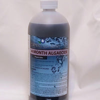 4 Month Algaecide by Spec Chem comes in a 1 quart, rounded top cylinder bottle with a white twist-off cap.  The label’s background has dark blue bubbles at the top and fades to a light blue as you descend the front of the label.  A lavender stripe in the upper third of the label reads “4 Month Algaecide” in black, bold capital letters.  A dark colored rectangle on the left of the bottle reads “Algaecide”.  The remaining label space lists ingredients and gives a cautionary warning for children.