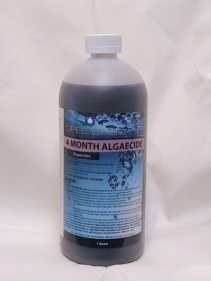 4 Month Algaecide by Spec Chem comes in a 1 quart, rounded top cylinder bottle with a white twist-off cap.  The label’s background has dark blue bubbles at the top and fades to a light blue as you descend the front of the label.  A lavender stripe in the upper third of the label reads “4 Month Algaecide” in black, bold capital letters.  A dark colored rectangle on the left of the bottle reads “Algaecide”.  The remaining label space lists ingredients and gives a cautionary warning for children.