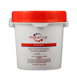 Pool Style Fresh Start is packaged in a 10# white, plastic bucket with a red screw on lid. Label is a white background with a red stripe that says Fresh Start. Black lettering below the stripe says High powered oxidizer that will turn green pools clear. Lifts debris from the bottom of the pool for easier cleanup. Controls white water mold and pink slime. Active ingredient Sodium Percarbonate. Keep out of reach of children. Read warnings on label. 
