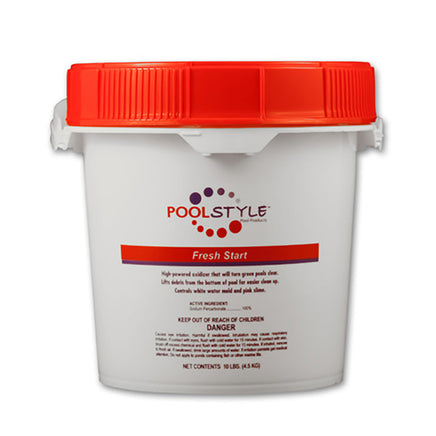 Pool Style Fresh Start is packaged in a 10# white, plastic bucket with a red screw on lid. Label is a white background with a red stripe that says Fresh Start. Black lettering below the stripe says High powered oxidizer that will turn green pools clear. Lifts debris from the bottom of the pool for easier cleanup. Controls white water mold and pink slime. Active ingredient Sodium Percarbonate. Keep out of reach of children. Read warnings on label. 