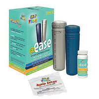 The FROG @ease Inline Starter Kit is a bluish-green box and contains four items:  a gray cylinder that says @ease smartchlor” , blue @ease cylinder, a small, white bottle containing @ease test strips and a small white pouch that says “jump start” in red lettering. The remaining sides of the box are colored bluish green, have the “FROG @ ease” logo, usage instructions and description of FROG’s smartchlor technology.