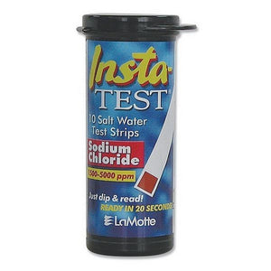 Insta Test Salt Test Strips is a black bottle with pop-up cap that has 10 test strips.  These strips are used for salt water swimming pools. The black bottle is wrapped in a blue label that says “Insta” in a yellow font and “test” in a white font. “10 salt water test strips” is also written in white”.  “Sodium Chloride” is written in white as well on a red square with a yellow square with and red font reading “1500-5000 parts per million”.  These test strips are made by the company LaMotte.