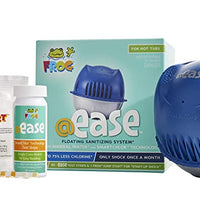 The bluish-green box for FROG @ease Floating Sanitizing System and is considered a “start up” kit for hot tubs.  The box has three items:  a half gray, half blue plastic that floats, a small, white bottle containing @ease test strips and a small white pouch that says “jump start” in red lettering. The remaining sides of the box are colored bluish green, have the “FROG @ ease” logo, usage instructions and description of FROG’s smartchlor technology. 