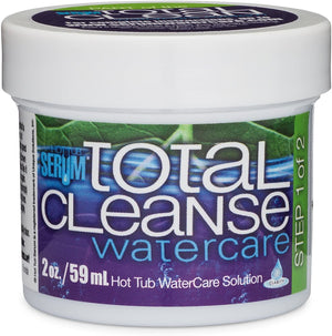 Serum Total Cleans Watercare comes in a small, white container.  The label’s background has green leaf veins on top; the bottom half is solid purple. The upper left of the label says “Hot Tub Serum” in a tiny, light blue font with “Total Cleanse” centered in white.  “Water care” is in light blue beneath “Total Cleanse”.  Below this, white lettering says “2oz” and “hot tub water care solution”.  A light green stripe is vertically on the right side of the label and says “Step one of two” in white lettering.