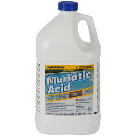 Muriatic acid comes in a white one gallon jug with a blue screw on cap. A blue and white label reads "Champion Muriatic Acid" *Danger!* Rear label describes use, dosage and warnings. This item is not able to be shipped.