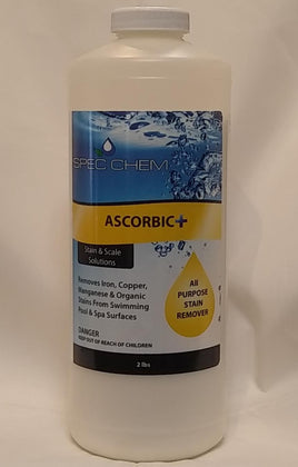Semi transparent bottle with screw on cap. Spec Chem Ascorbic plus. Stain and scale remover. Removes Iron, coper, manganese, and organic stains from swimming pool and spa surfaces. Instructions and warnings on back of bottle. 