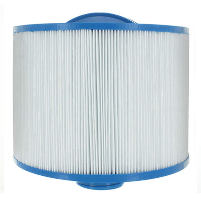 This bullfrog filter is a cylinder with a thin blue casing on the top and bottom of the filter.  The top casing has a plastic, small, blue arch centered and protruding from the top.  This protrusion helps gripping and twisting the filter.  The center part of the cylinder is packed full of vertical, white, paper pleats to allow water filtration.  The bottom casing of the filter is a thin, blue plastic like the top.  In the center of the bottom casing is a short, threaded cylinder for attaching the filter.