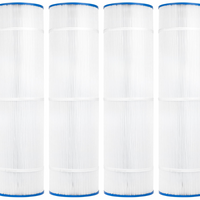 This CV340 filter is cylinder-shaped with a thin blue, plastic casing on the top and bottom of the filter.  The top casing is made of a thin, blue plastic with a hole centered on the top.  The majority of the center part of the cylinder is packed full of vertical, white, paper pleats which are banded together with a few thin, paper belts.  The bottom casing of the filter is a thin, blue plastic like the top with a hole in the center of the casing.  This item is only sold in packs of four.